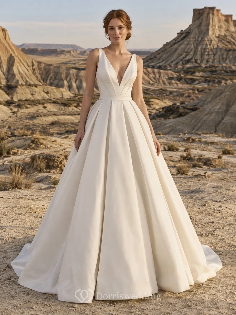Vestido de novia sencillo sin mangas de tafetán con escote en V