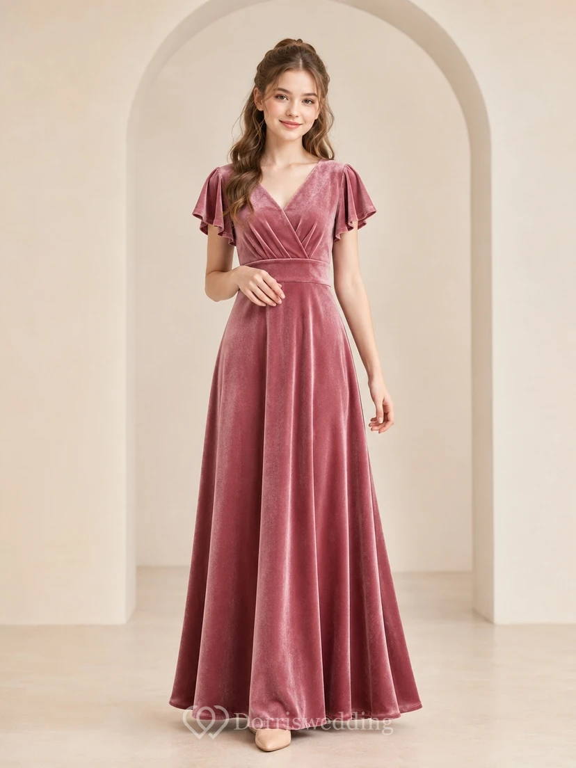 Vestido de dama de honor juvenil color burdeos, corte en A, escote en V, mangas de pétalo, terciopelo de lujo.