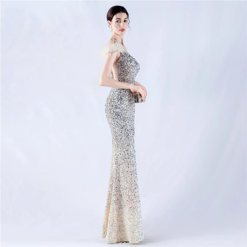 Gradient Velvet Bottom Sequins Craft Beading Ostrich Hair One-Shoulder Oblique Collar High-Slit Evening Dress view 24