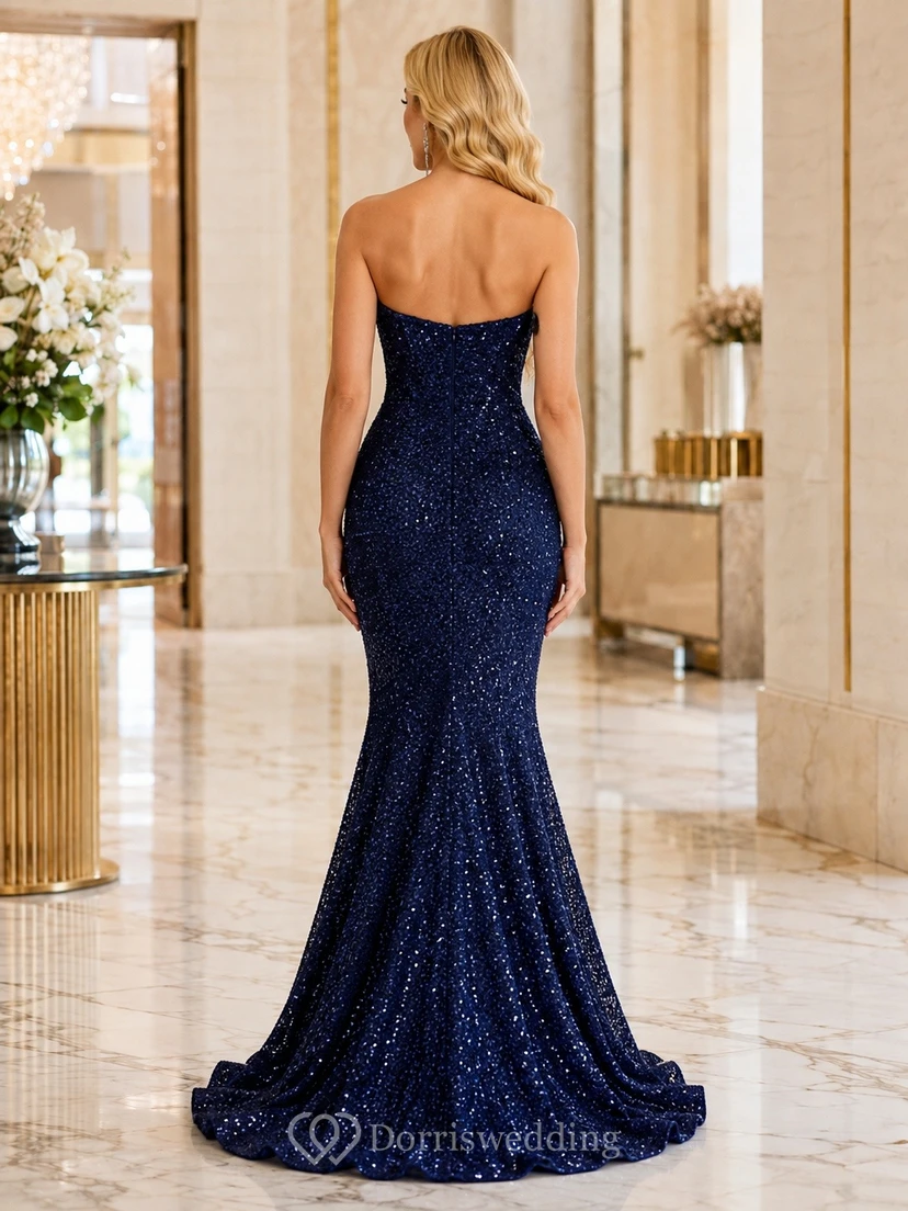 Mermaid Luxury Formal Evening Strapless Sequined Sweep Train Gown view 2