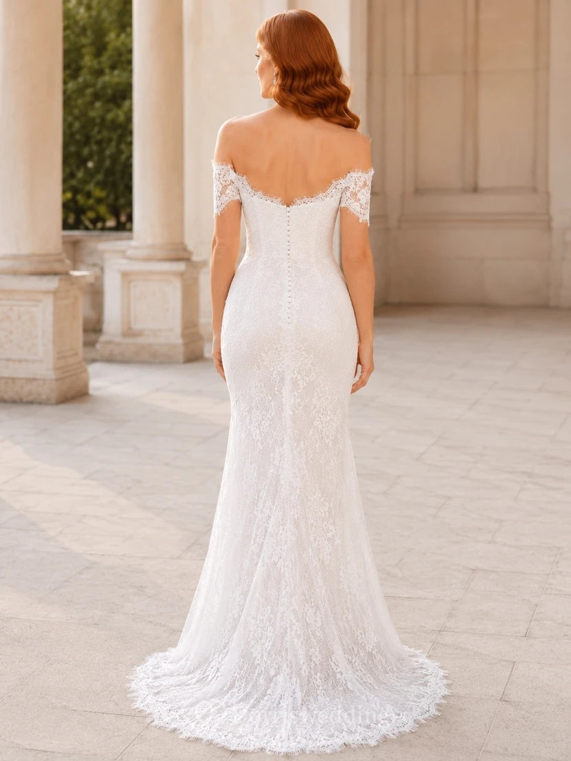 Brautkleid im Meerjungfrauenstil mit schulterfreiem Spitzenbezug, kurzen Ärmeln und bodenlanger Silhouette view 2
