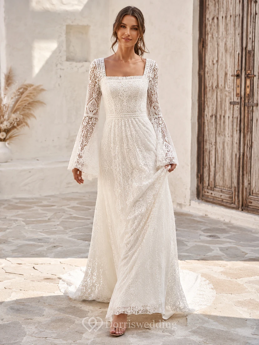 Boho Square Neck Long Bell Sleeve Geometric Crochet Lace Sheath Wedding Dress