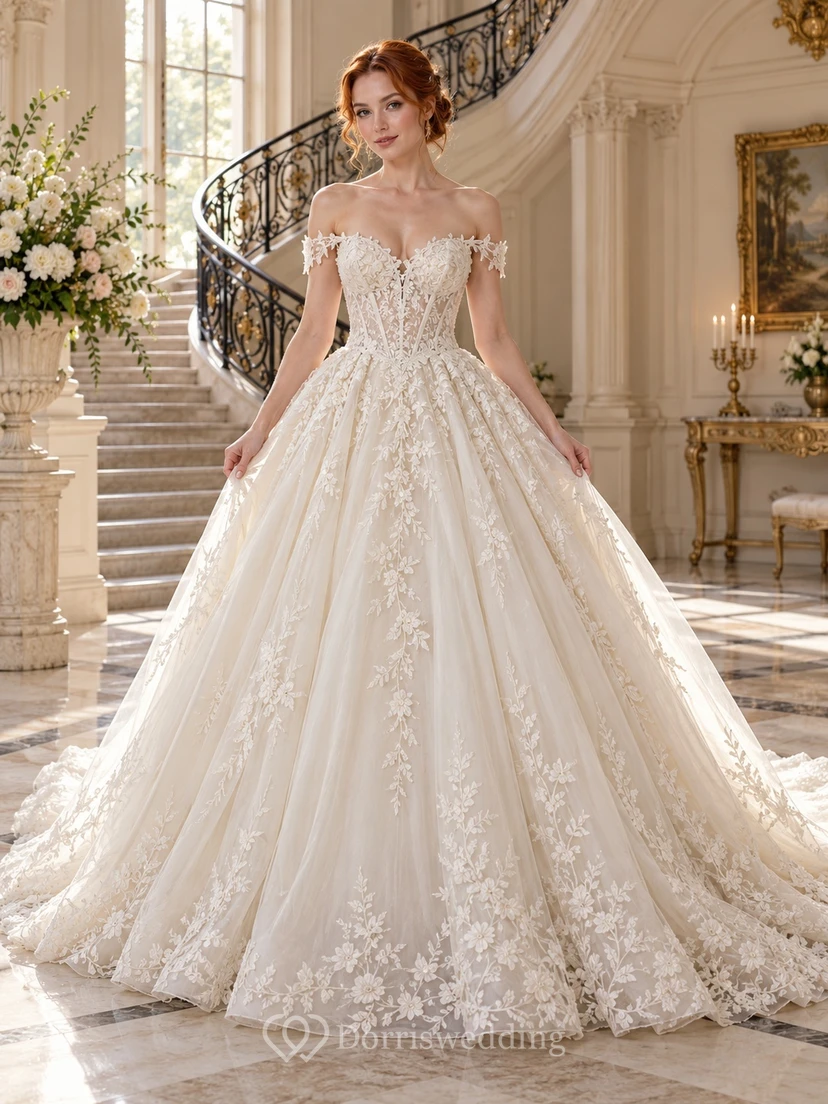 Open Back Off Shoulder Floral Lace Full Ball Gown Wedding Dress