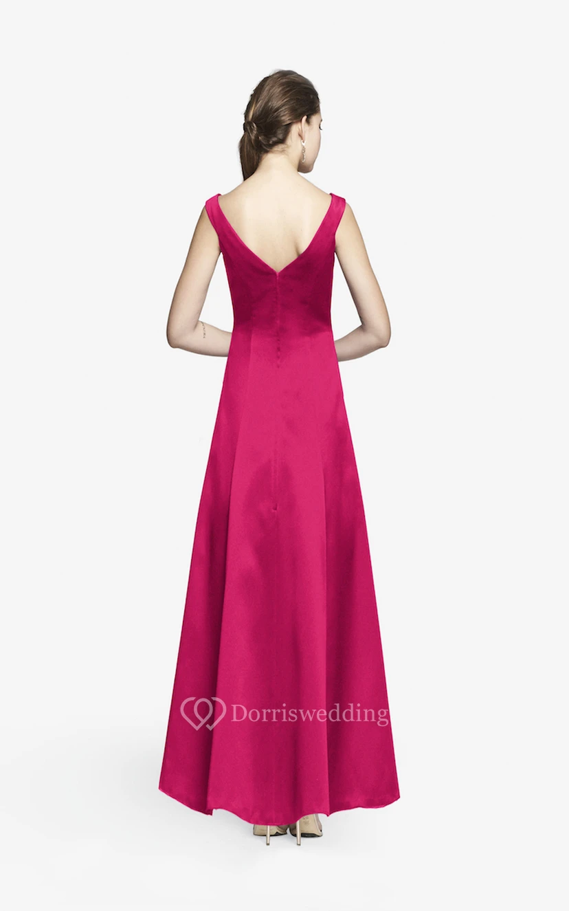 Simple V-neckline Floor-length Satin Dress With Cap Sleeves view 17