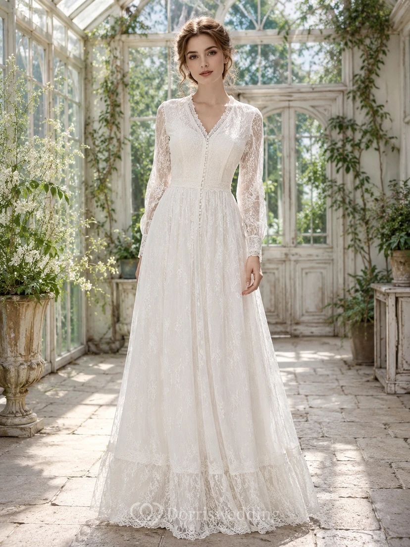 Vestido de fiesta vintage de manga larga, escote en V, encaje y largo hasta el suelo, corte en A.