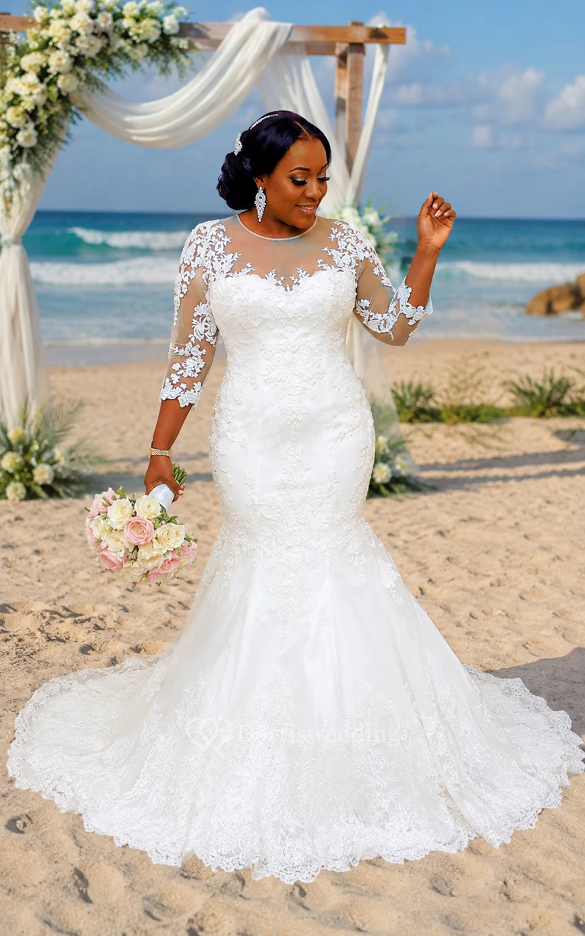 White Plus Size Long Sleeve Lace Mermaid Wedding Dress view 8
