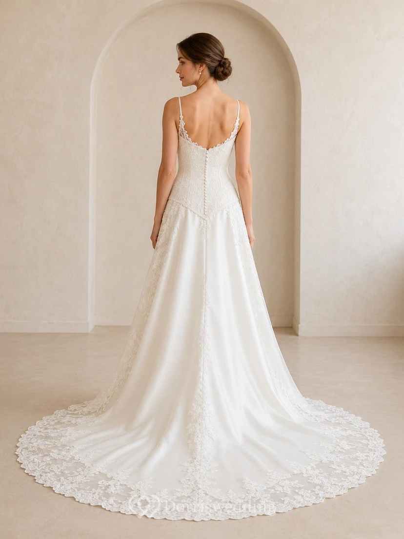 Vestido de novia de satén con cola larga y corte en A para ceremonia nupcial view 2