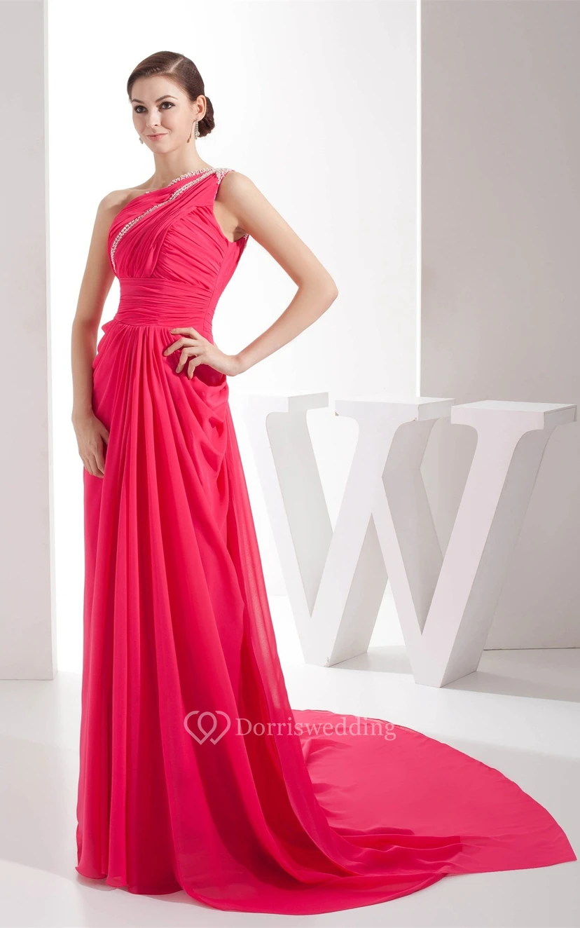 One-Shoulder Jeweled Chiffon Sweep Train and Dress With Central Ruching view 5