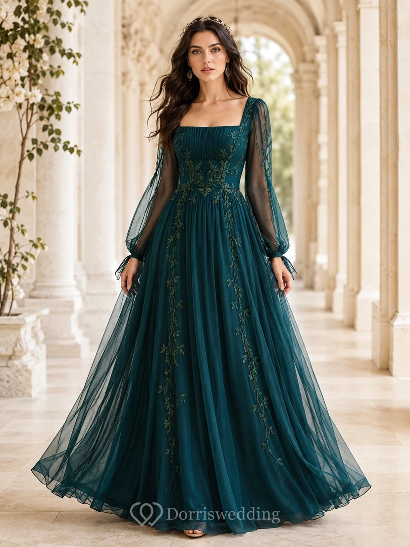 Luxury Teal Tulle A-Line Floor-Length Square Neck Long Sleeve Formal Dress