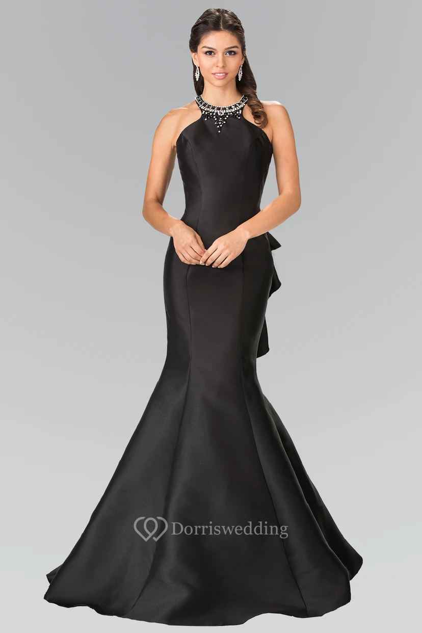 Mermaid Long Scoop-Neck Sleeveless Satin Straps Dress With Beading And Draping