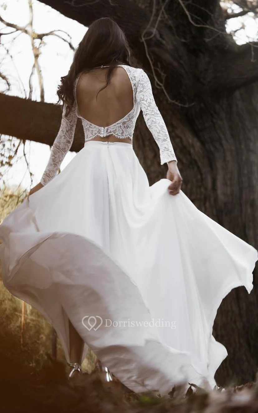 Zweiteiliges Brautkleid im Boho-Stil aus Chiffon und Spitze mit U-Boot-Ausschnitt, langen Ärmeln, Schleppe und Schlitz vorne view 4