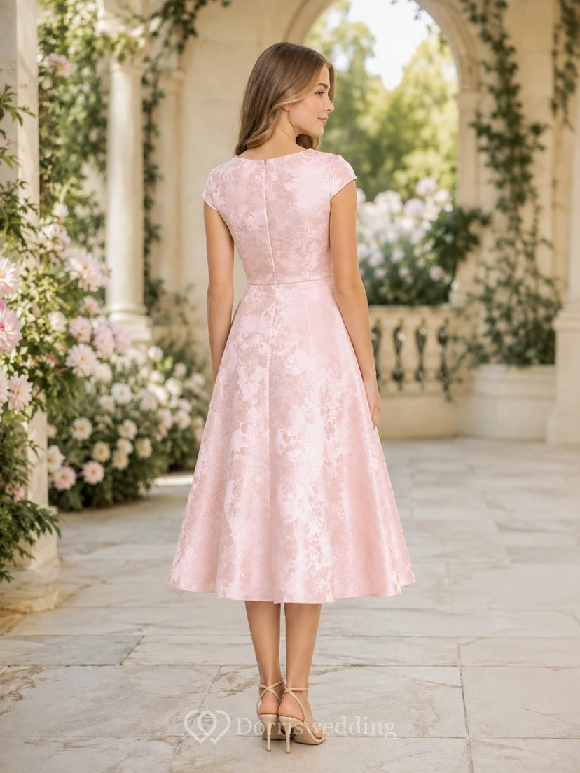 Zartrosa Brautjungfernkleid, A-Linie, Teelänge, mit Strasssteinen, kurzen Ärmeln, Satin, floralem Ausbrenner-Muster, Vintage-Stil view 2