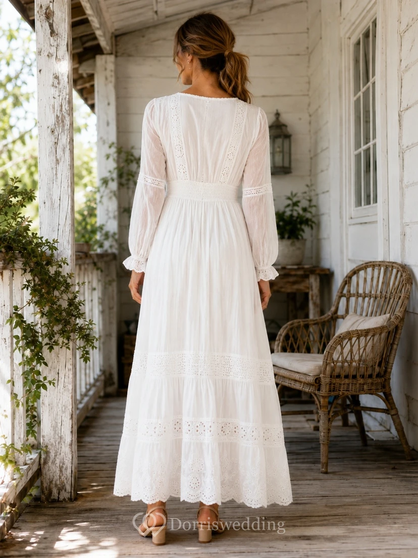 White Lace V-Neck Long-Sleeve Empire Bohemian Floor-Length Dress view 2