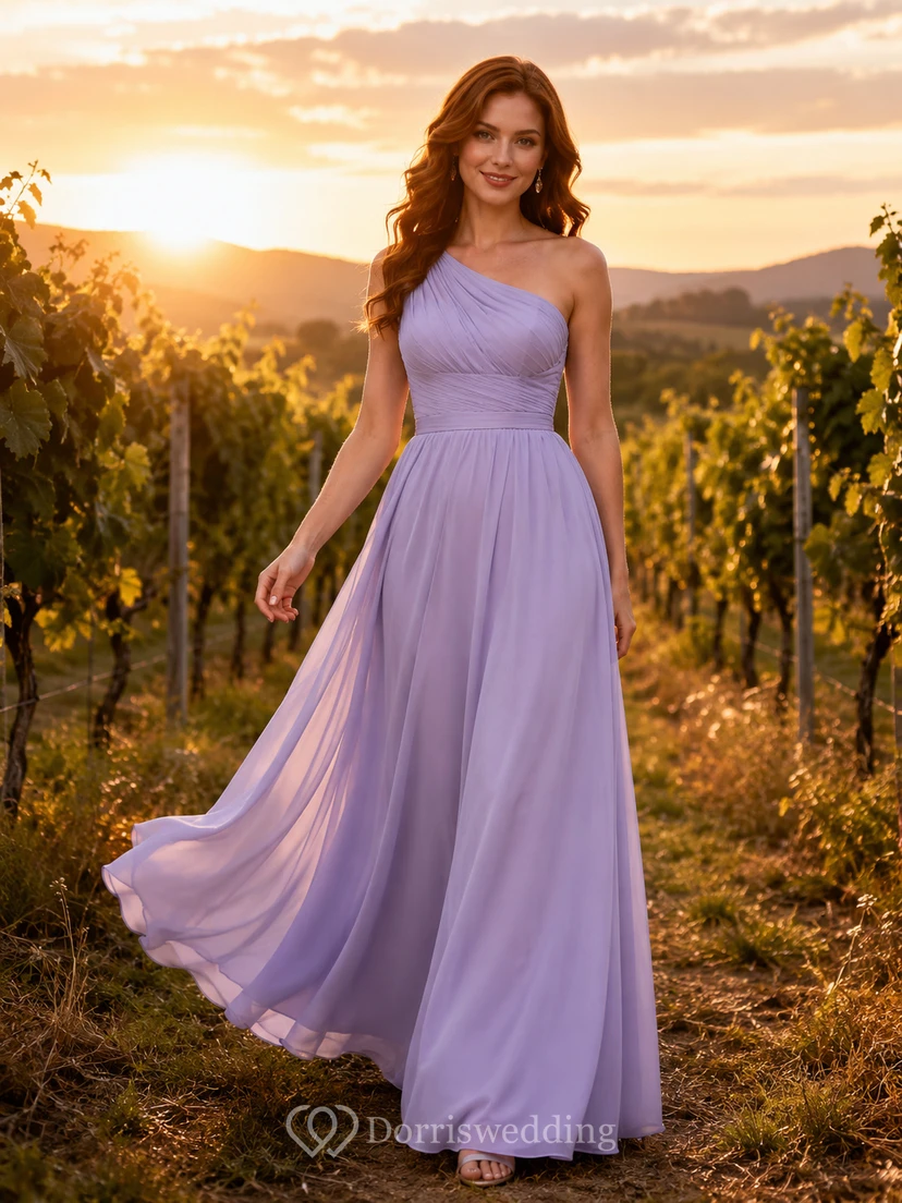 Lavender Chiffon A-Line One-Shoulder Sleeveless Pleated Zip Back Floor-Length Bridesmaid Dress