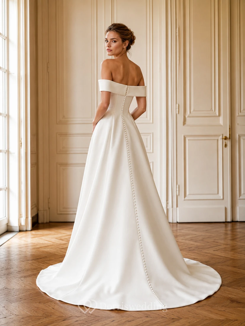 Elegantes Satin-Brautkleid mit schulterfreiem Oberteil, kurzen Ärmeln, A-Linie, Kapellenschleppe und Schlitz vorne – perfekt für eine Gartenhochzeit view 2