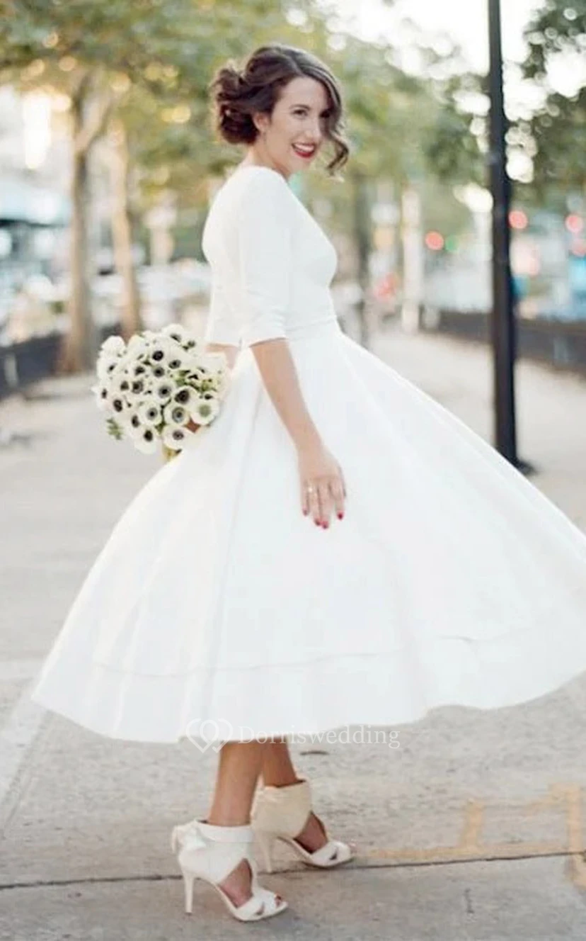 Plunged Satin Tea-length Half Sleeve Wedding Dress view 3