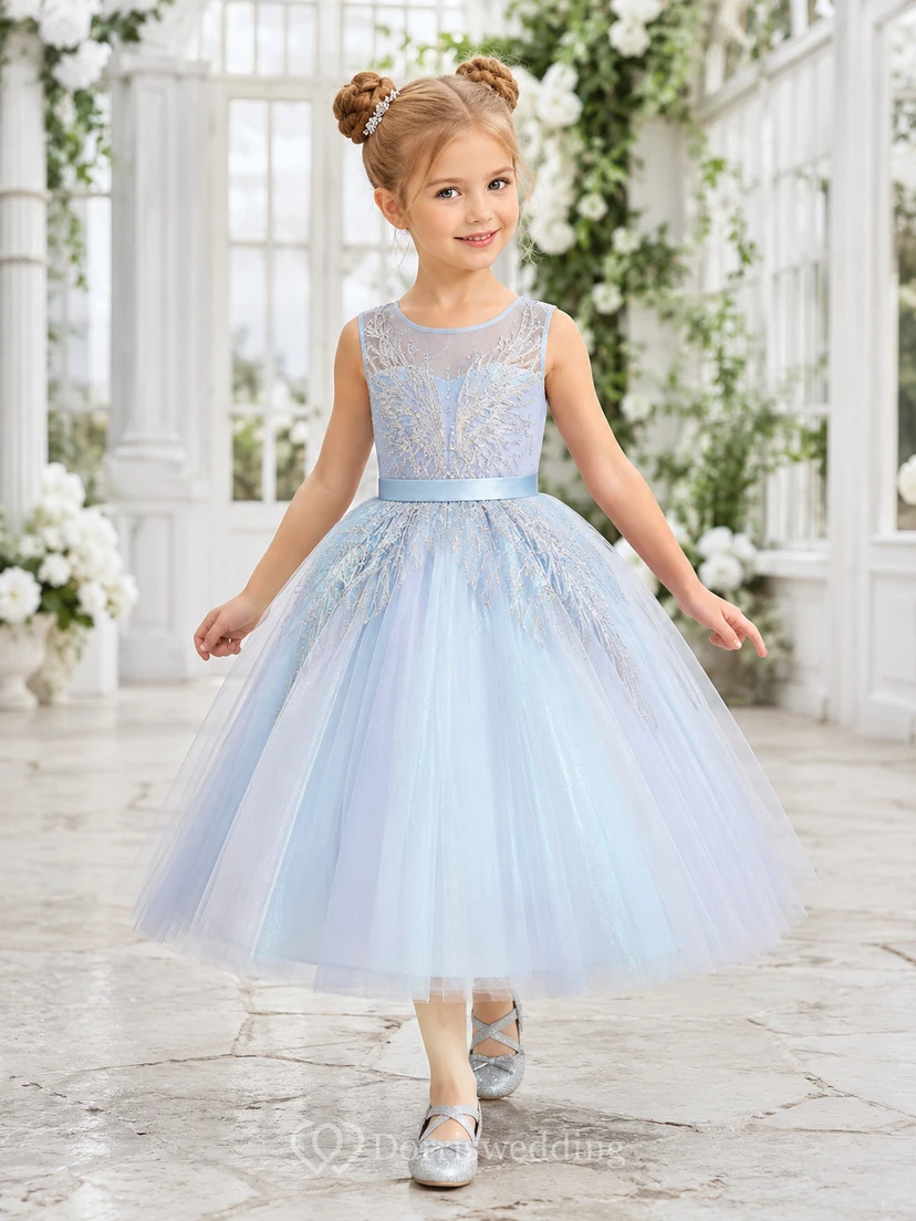 Sky Blue Illusion Neck A-Line Flower Girl Dress with Silver Feather Embroidery and Shimmering Tea-Length Tulle Skirt