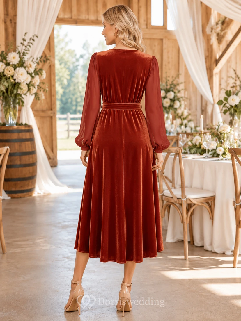 Orangefarbenes, langärmeliges Samt-Wickelkleid mit V-Ausschnitt und asymmetrischem Saum – perfekt als Gastkleid für eine Scheunenhochzeit. view 2