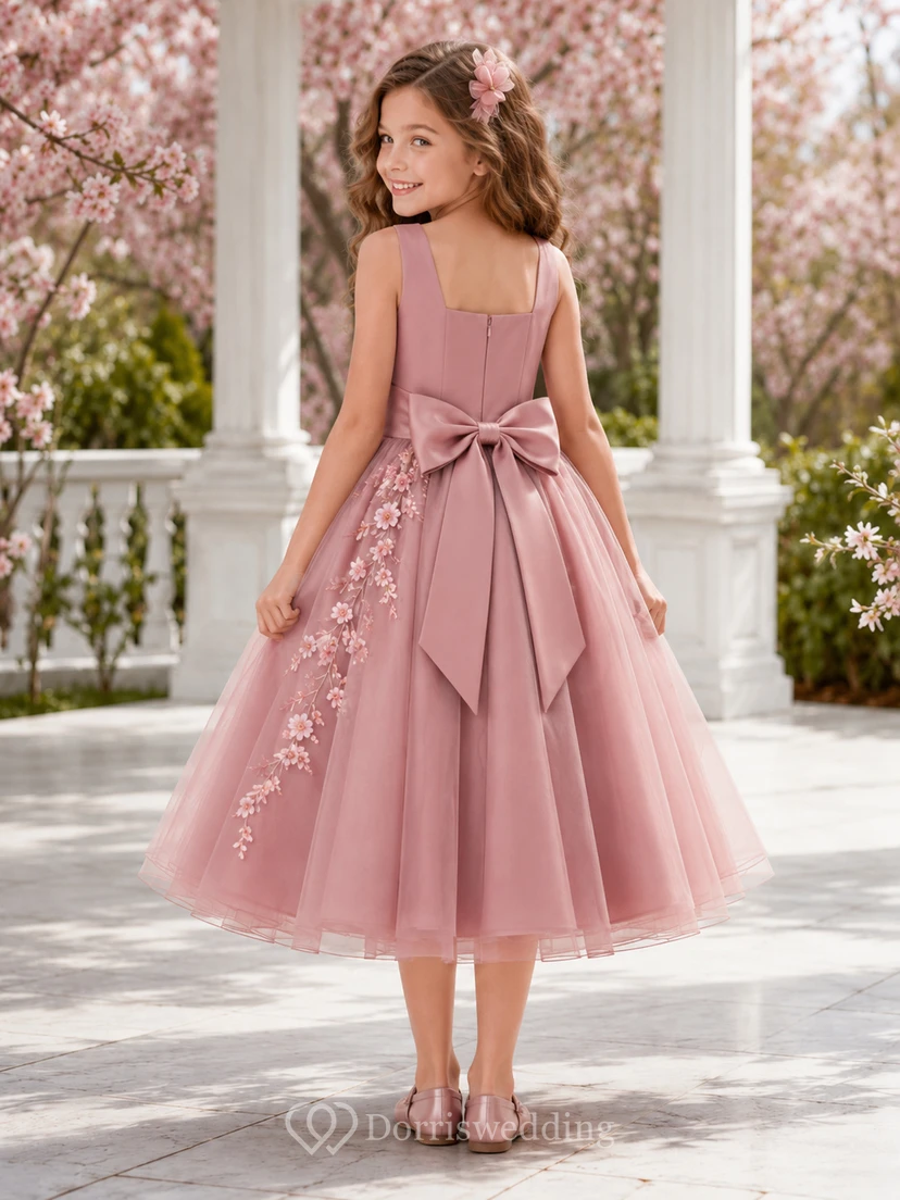 Altrosa Kirschblüten-A-Linien-Blumenmädchenkleid mit ärmellosem Tüllrock, floralen Applikationen, wadenlangem Rock und großer Schleife view 2