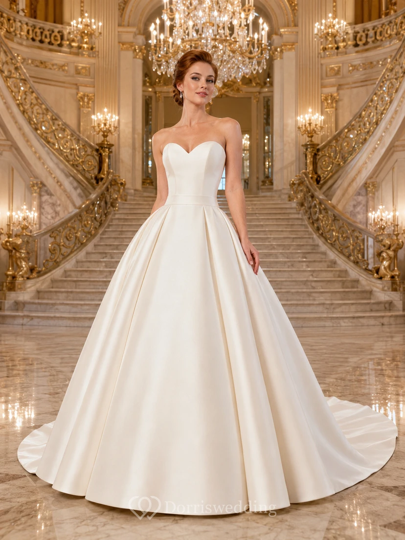 Strapless Sweetheart Satin Princess Ball Gown Chapel Train Wedding Dress