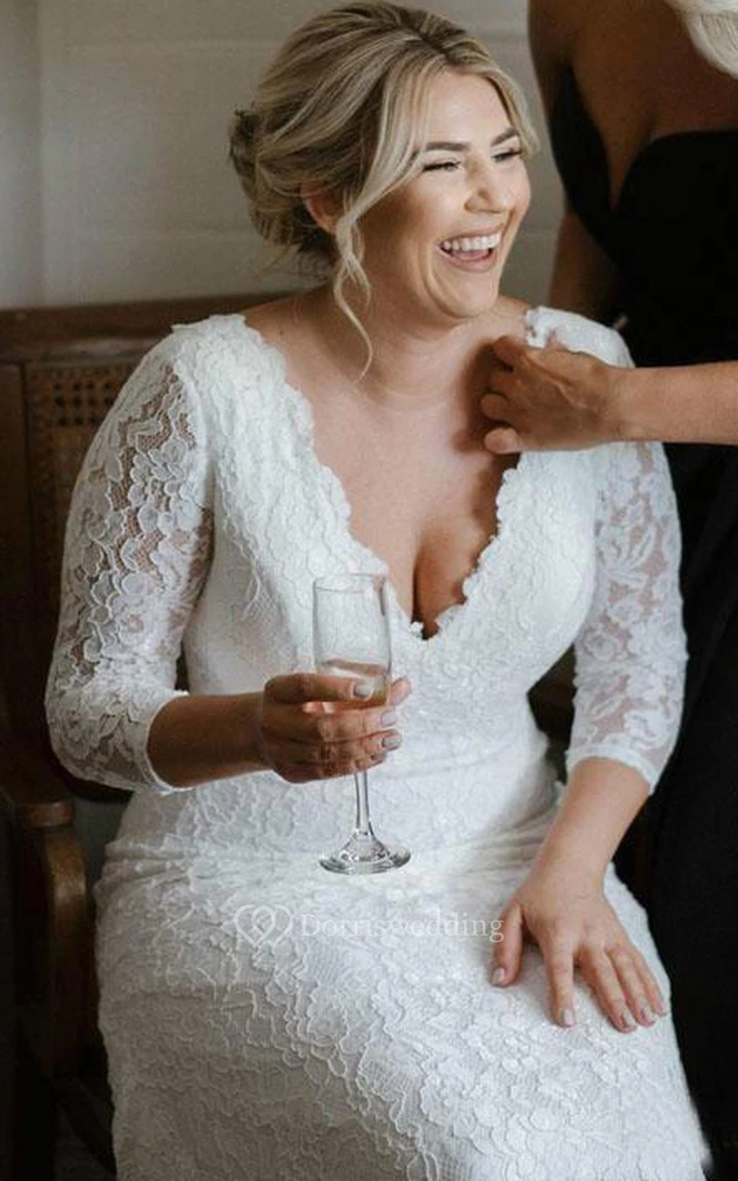 Robe de mariée sirène modeste, col en V, dentelle, longueur au sol, traîne courte, fermeture éclair view 3