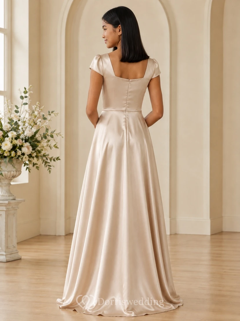 Vestido de dama de honor juvenil, corte en A, manga corta cuadrada, charmeuse elegante view 2