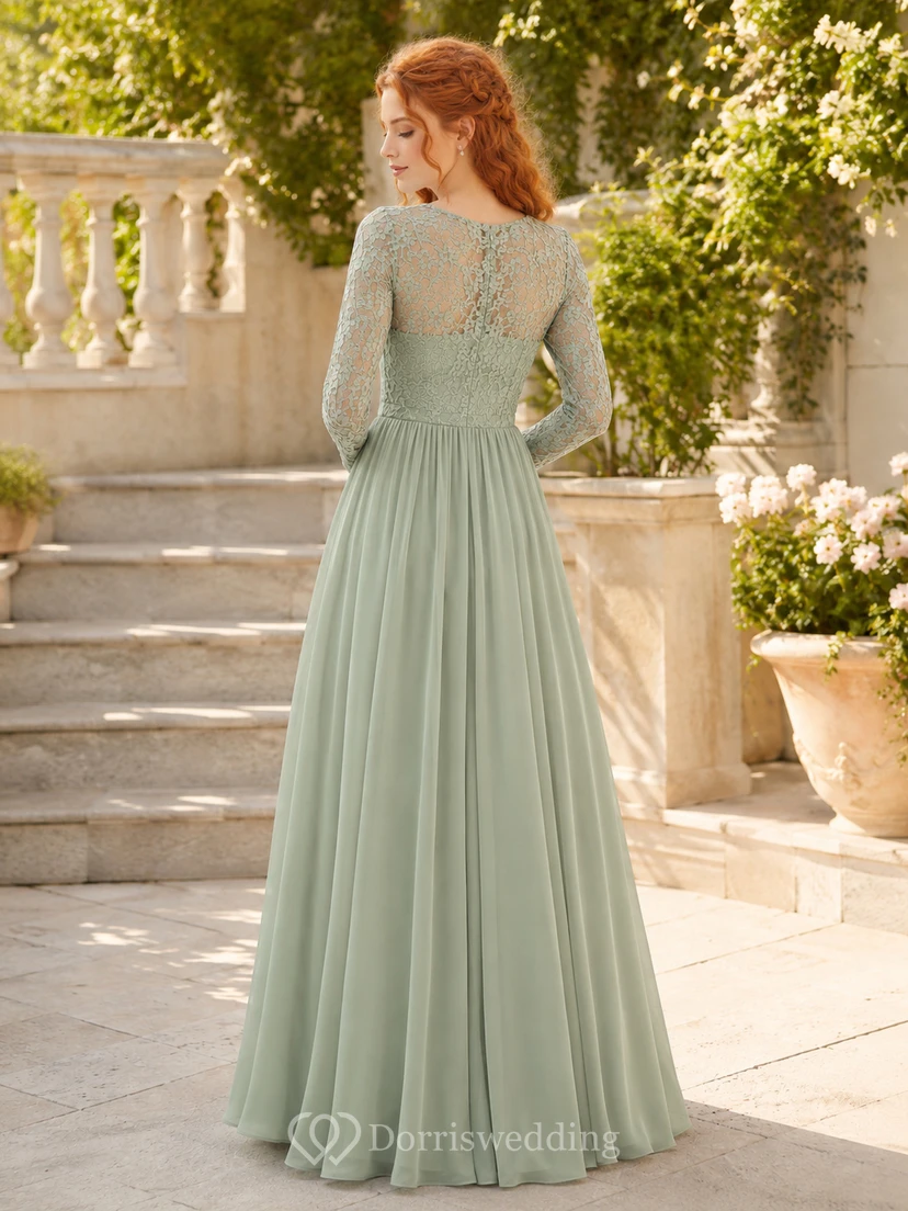 Sage Chiffon Lace Long Sleeve Modest A Line Prom Gown view 2