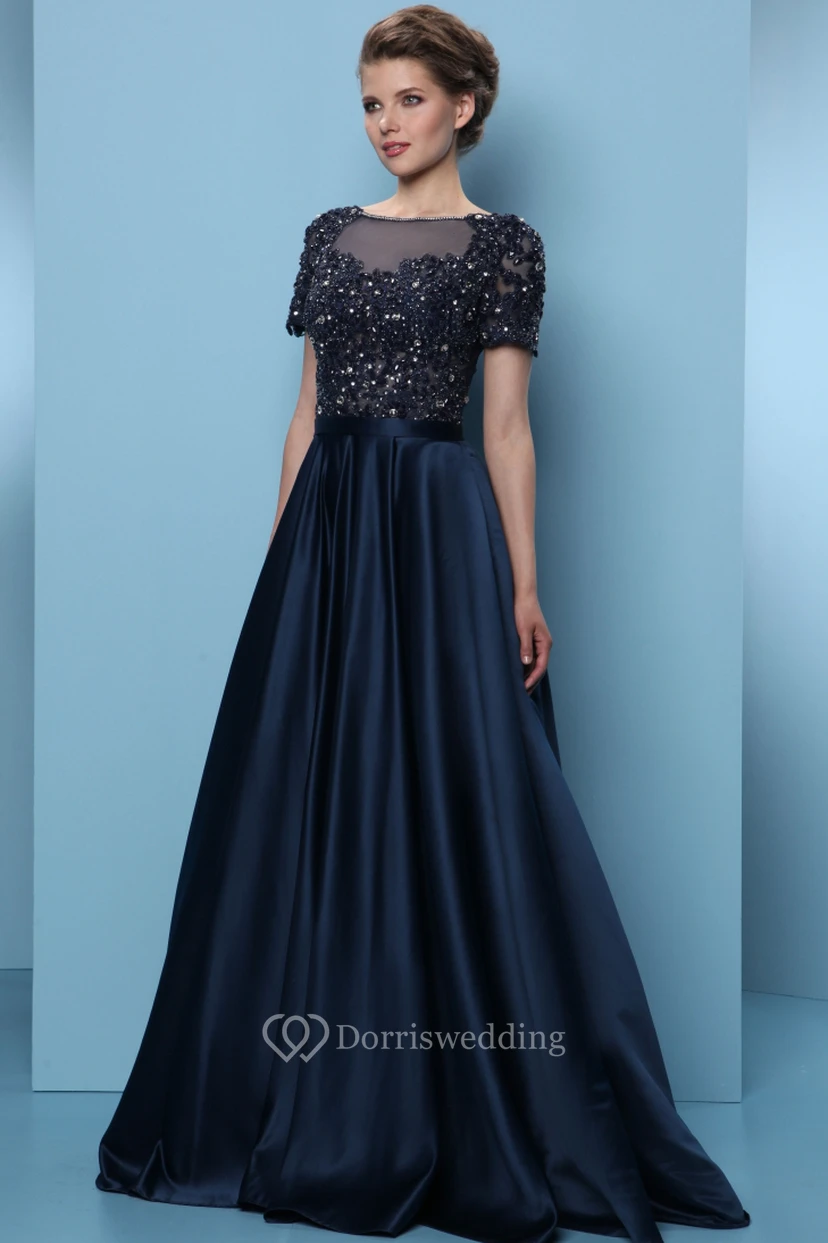 A-Line Long Short-Sleeve Crystal Scoop-Neck Satin Prom Dress With Pleats view 3