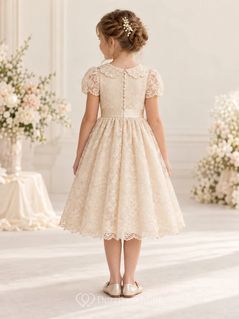 Knee-length Vintage Champagne Floral A-line Lace Puff-sleeve Scalloped Flower Girl Dress view 2