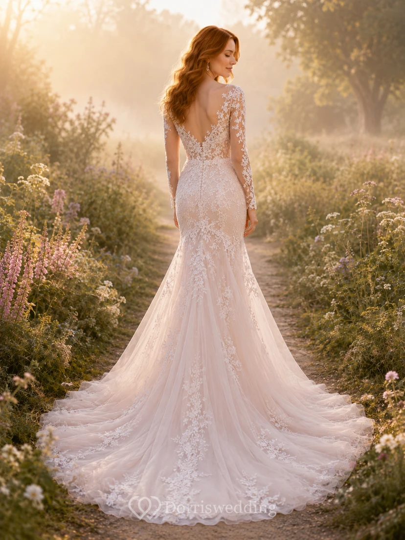 Brautkleid aus zartrosa Spitze und Tüll, A-Linie, V-Ausschnitt, ärmellos, Kapellenschleppe, Applikationen, tiefer V-Ausschnitt am Rücken view 2