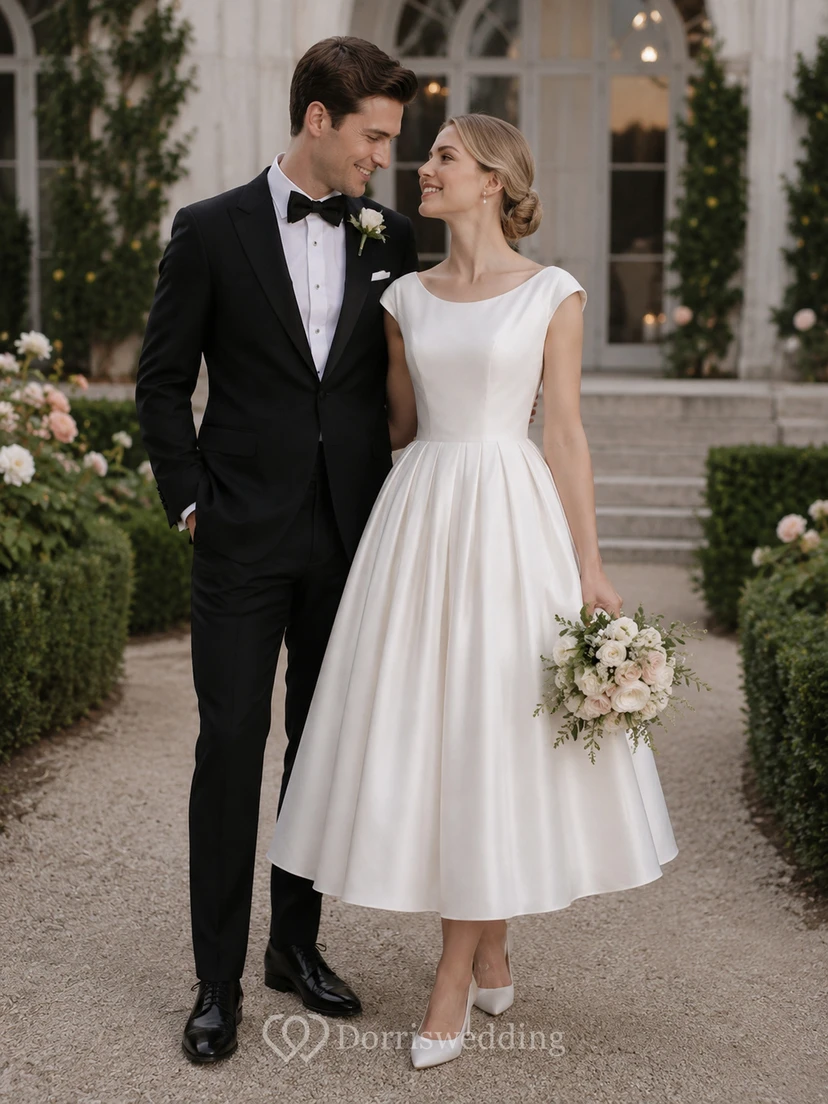 Scoop-neck Cap Satin Empire A-line Tea-length Retro Wedding Dress