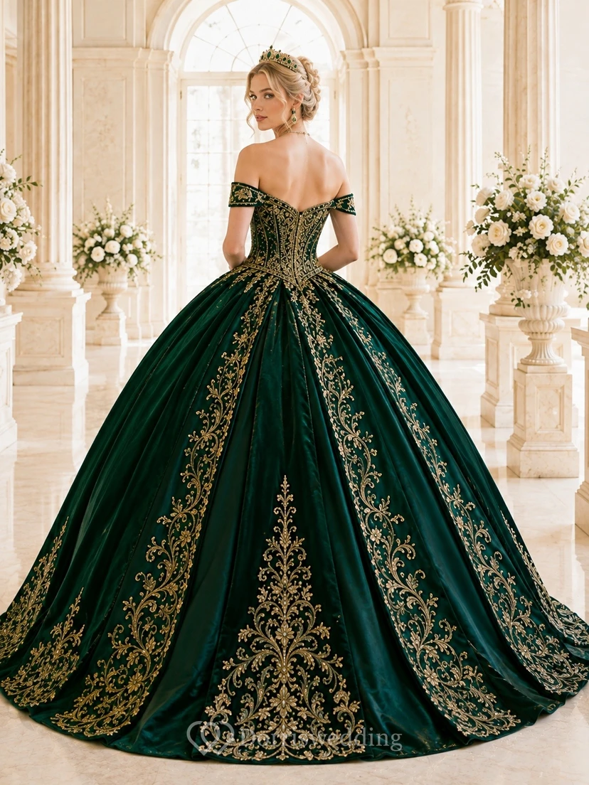 Robe de bal de quinceañera vert foncé à épaules dénudées avec broderies dorées view 2