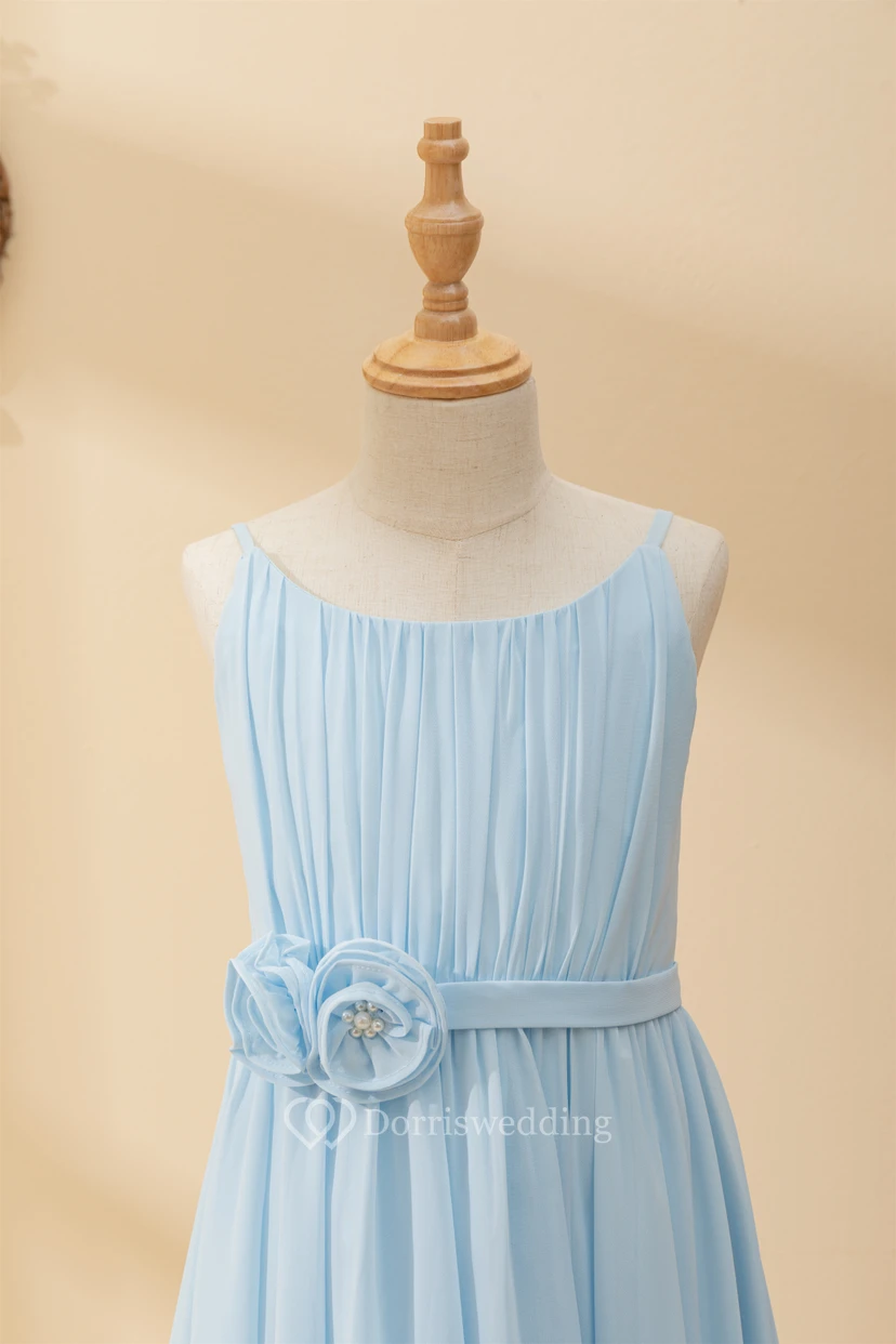Chiffon Ruffled Short Pleated Sky Blue Flowergirl Dress with Petals view 5
