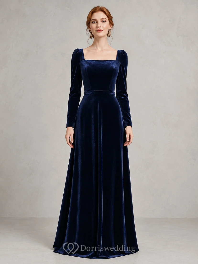 Modest Dark Navy Square Neck Long Sleeve Velvet A-Line Floor-Length Evening Gown
