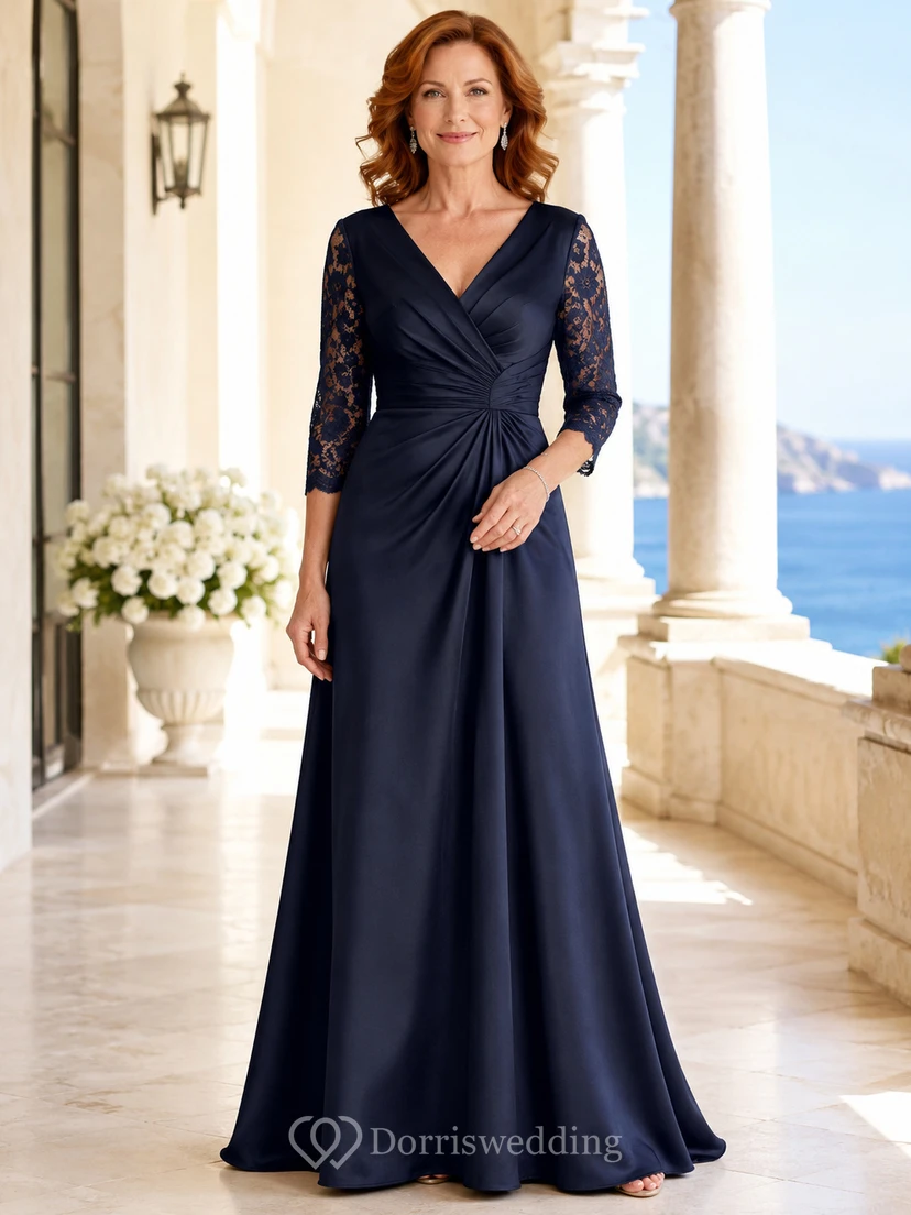 Elegantes, dunkelblaues Brautmutterkleid mit V-Ausschnitt, Spitzenärmeln, geraffter Taille, bodenlangem Schnitt und A-Linien-Schnitt