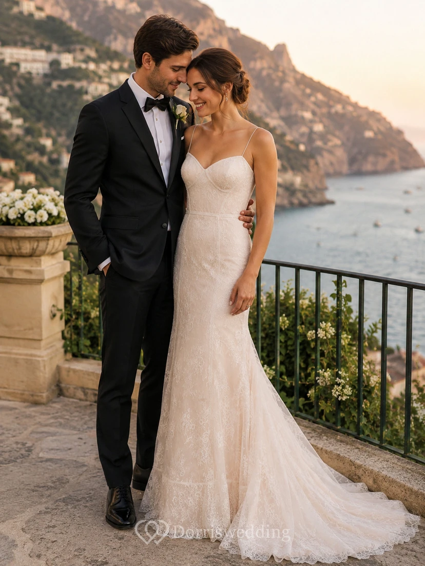 Lace Sexy Spaghetti Straps A-line Wedding Dress With Boning And Open Back