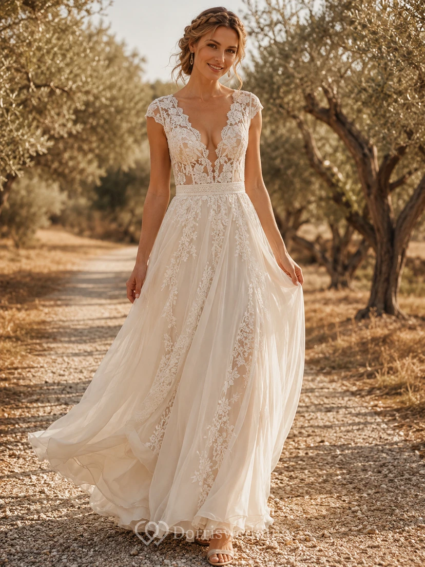 Boho V Neck Cap Sleeve Floral Lace Chiffon A-Line Sweep Wedding Gown