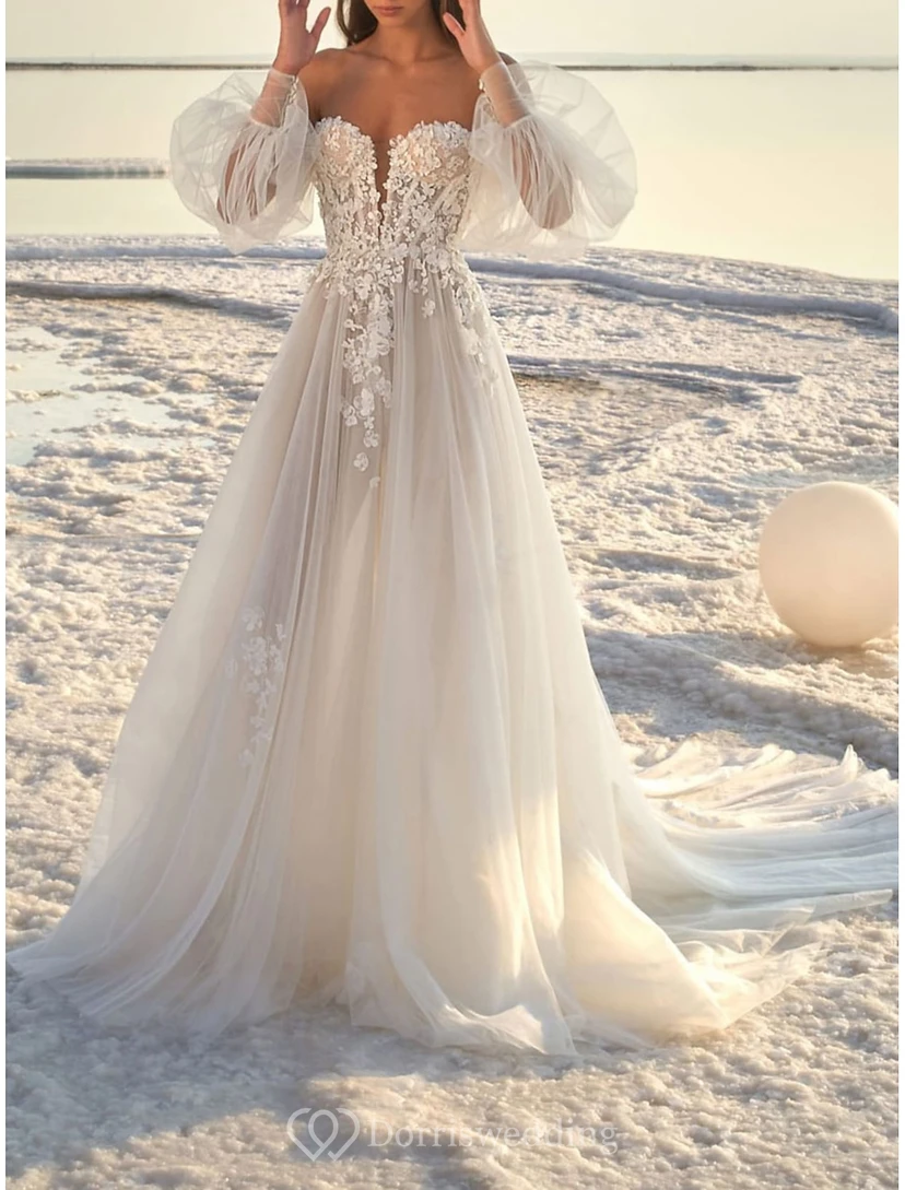 Ethereal Off-Shoulder Tulle Ball Gown with Puff Sleeves