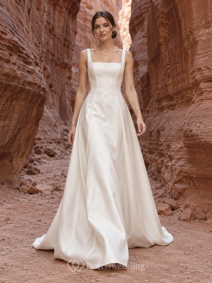 Vestido de novia sencillo de corte A, sin mangas, de satén elástico con escote cuadrado y tirantes anchos.