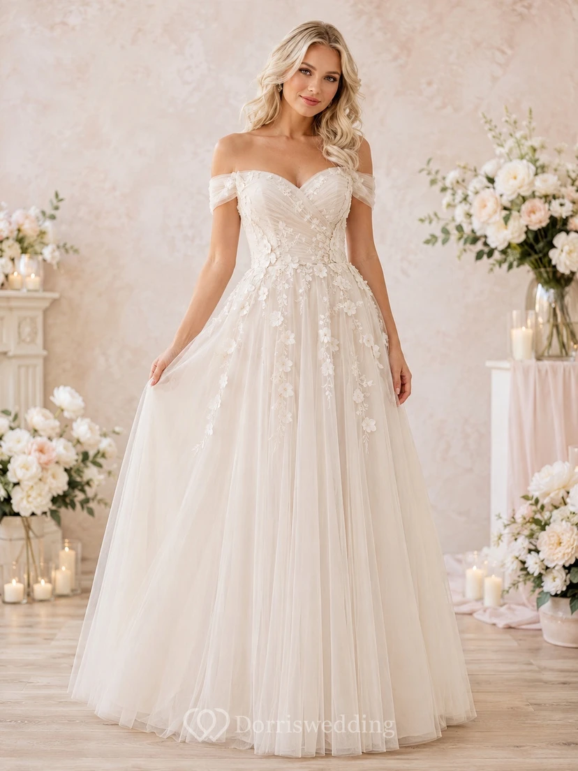 Romantisches, schulterfreies A-Linien-Brautkleid aus Tüll mit Herzausschnitt und Applikationen, bodenlang, für eine Gartenhochzeit