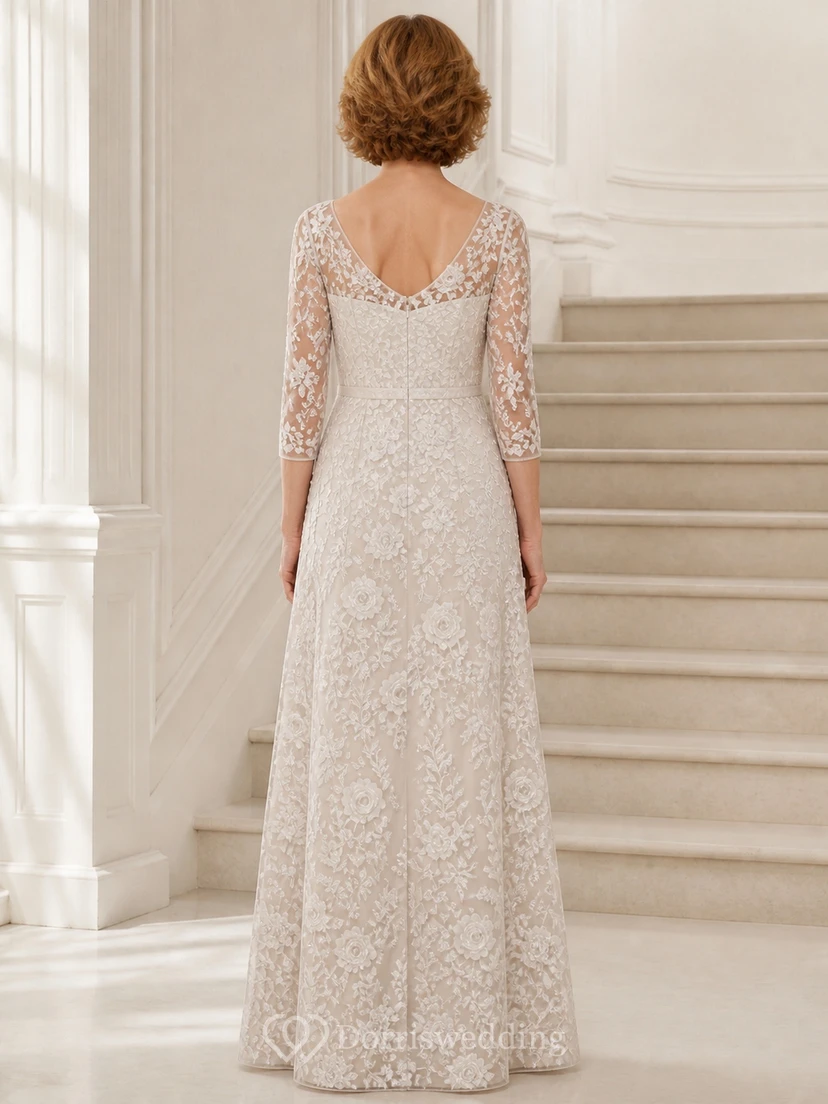 Scalloped Modest Older Brides Lace A-Line Floor-length Bateau Three-Quarter Sleeve Mother Dress view 2