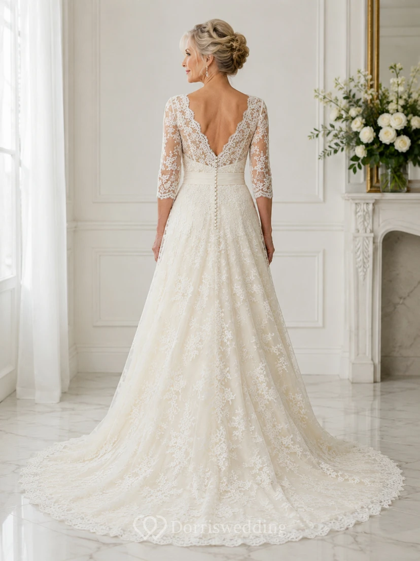 Long Sleeve Sleeve Lace A-Line Older Brides Wedding Dress with V Back view 2