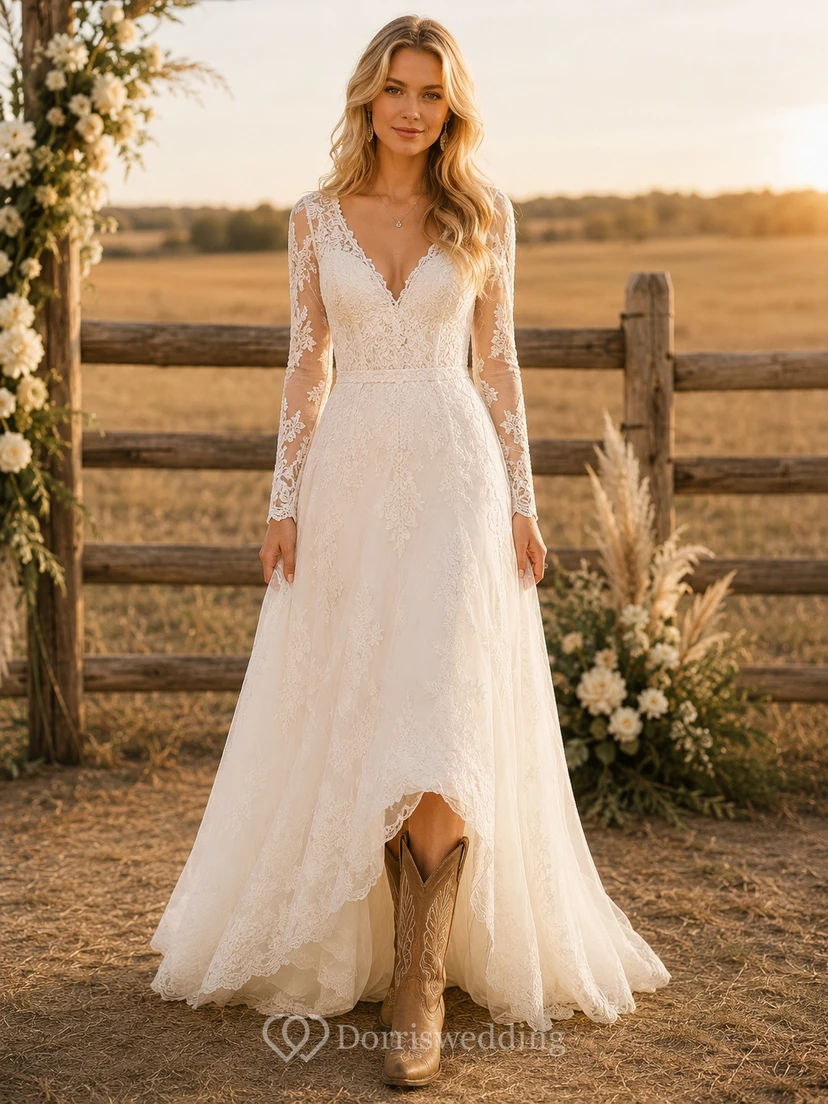 Western Rustic Lace A-Line Long Sleeve Wedding Dress With Boots