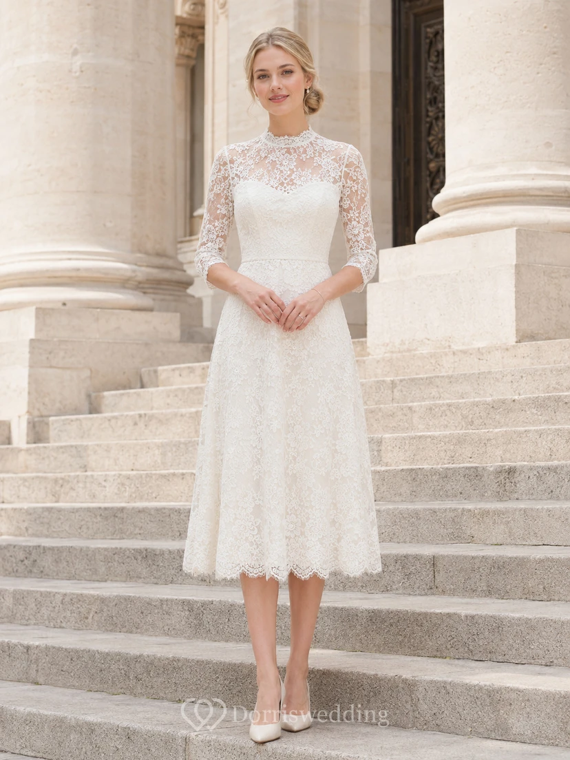 Midi Lace Short Sleeve Civil Ceremony Wedding Dress