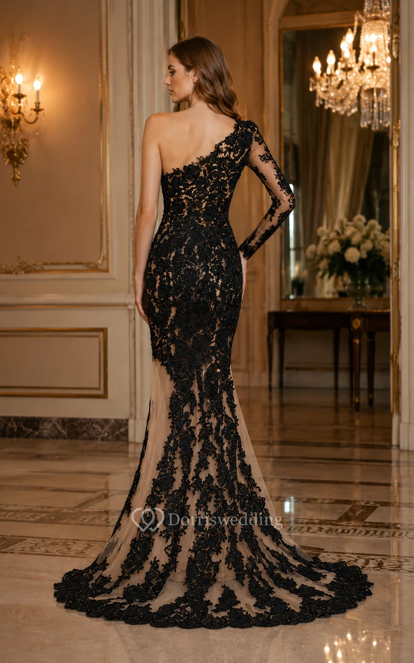 Black One-Shoulder Lace Mermaid Prom Dress with High Split view 2