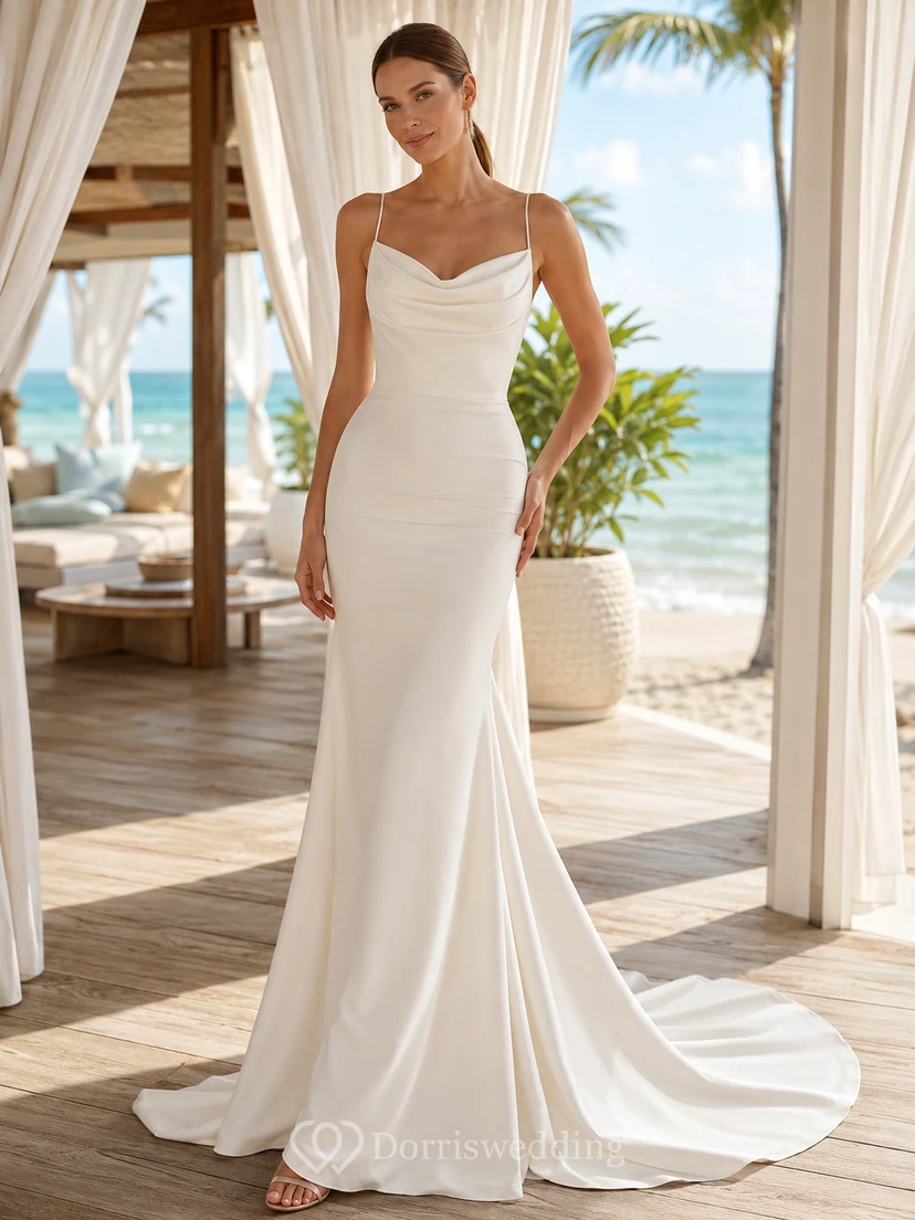 Robe de mariée sirène en satin à bretelles spaghetti et col bénitier, dos zippé, traîne chapelle