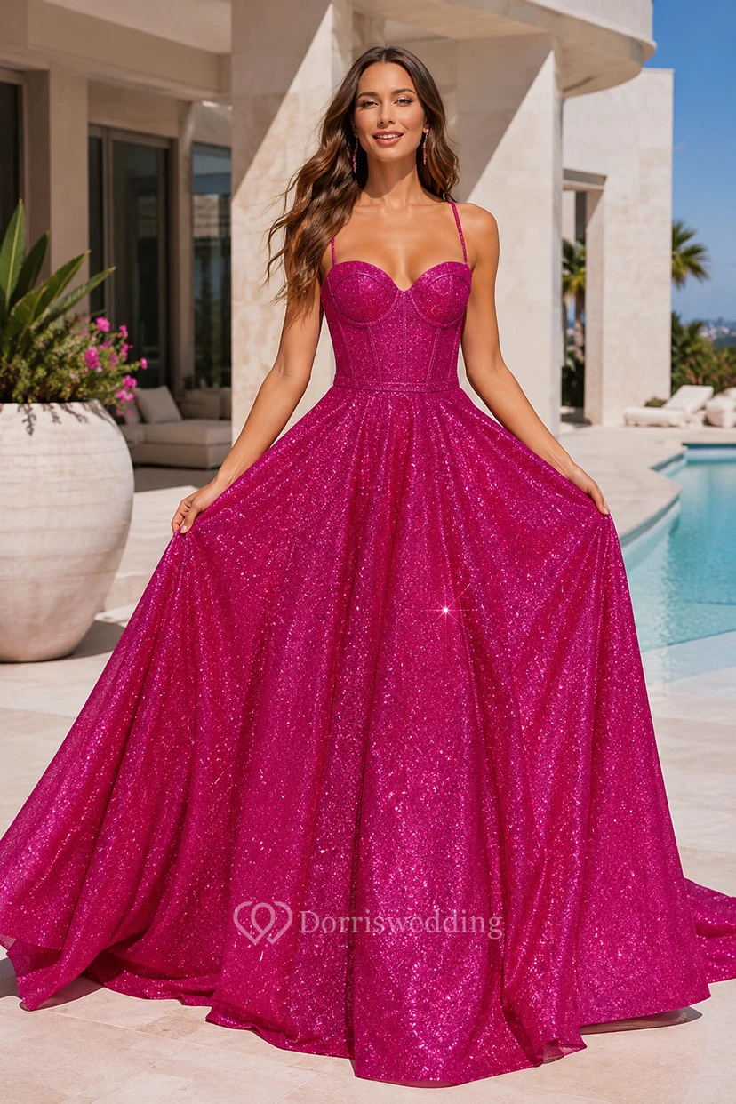 Vestido de fiesta fucsia brillante con escote corazón y espalda con cordones