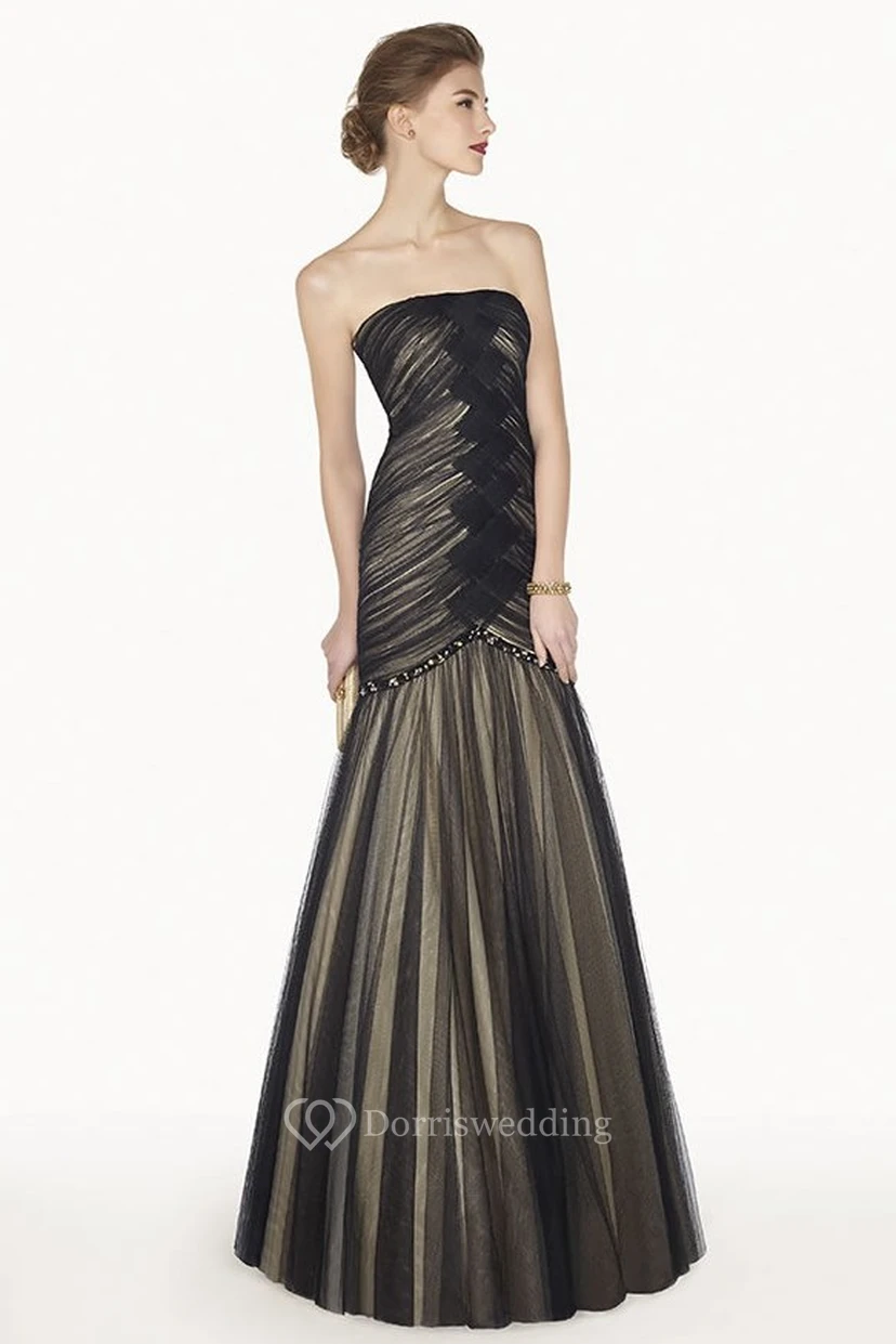 Strapless Trumpet Tulle Long Prom Dress With Criss Cross Bodice