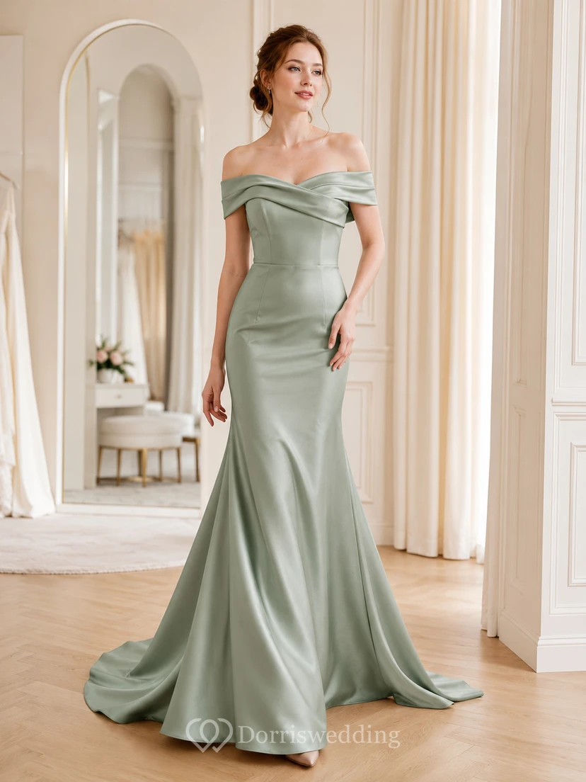 Robe de mariée sirène en satin sauge à épaules dénudées et traîne balayée