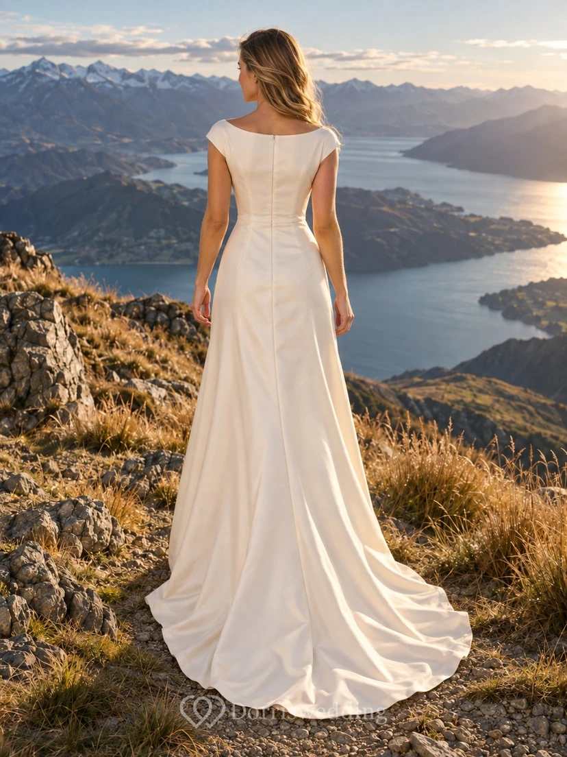 Schlichtes, ärmelloses Brautkleid aus Satin mit U-Boot-Ausschnitt und Schleppe view 2